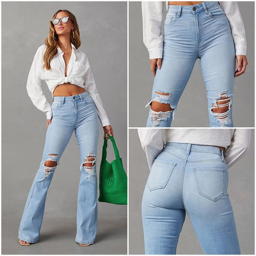 Damen Flared Jeans mit hohen Rissen und hohem Bund R&B