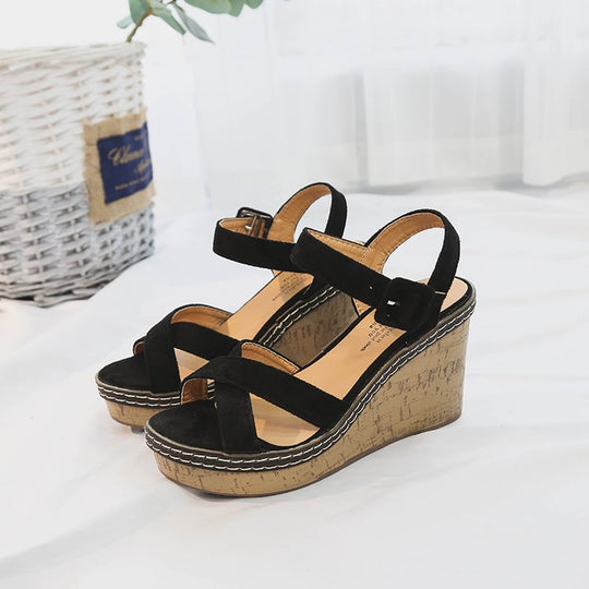 Damen Wedge-Sandalen mit komfortablem Korkabsatz und dekorativem Kreuzriemendesign R&B