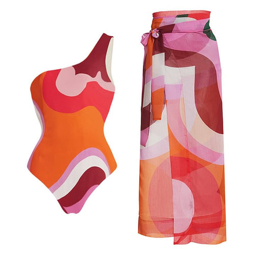 Damen asymmetrischer Badeanzug mit modernem Grafikdesign R&B
