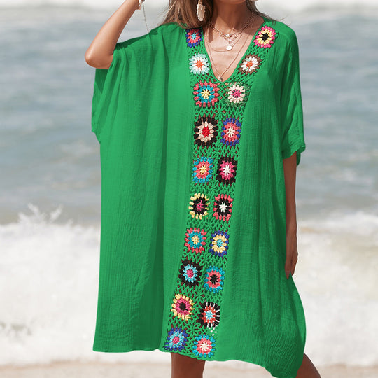 Damen Häkel-Strandtunika im lässigen Oversize-Stil mit bunten Applikationen R&B