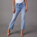 Damen modische Hochwasser Jeans im lässigen Vintage-Stil mit fransigem Saum R&B