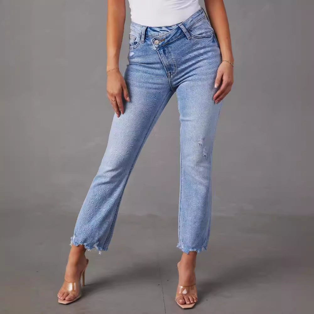 Damen modische Hochwasser Jeans im lässigen Vintage-Stil mit fransigem Saum R&B