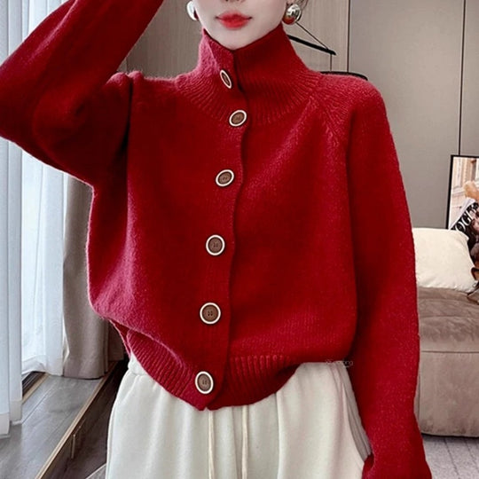 Damen kuscheliger Hochkragen-Cardigan mit Knopfdetails R&B