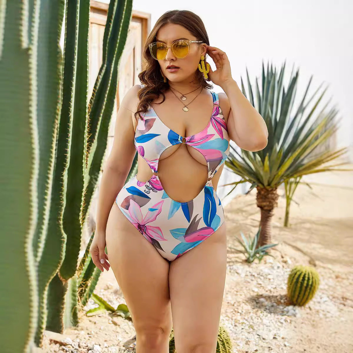 Damen Einteiliger Badeanzug mit modischen Cut-Outs und floralem Design R&B