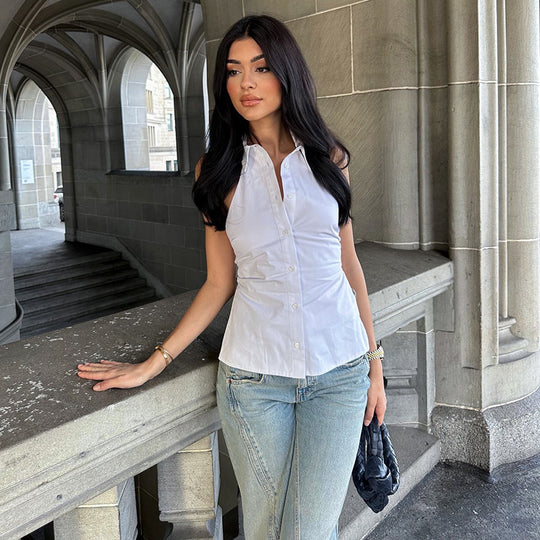 Damen figurbetonte Hemdbluse mit Knopfverschluss und ärmellosem Design R&B