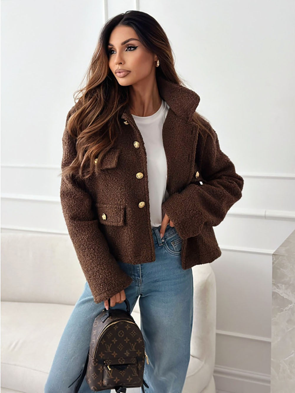 Damen Trendige Bouclé-Jacke mit goldenen Knöpfen und praktischen Taschen R&B