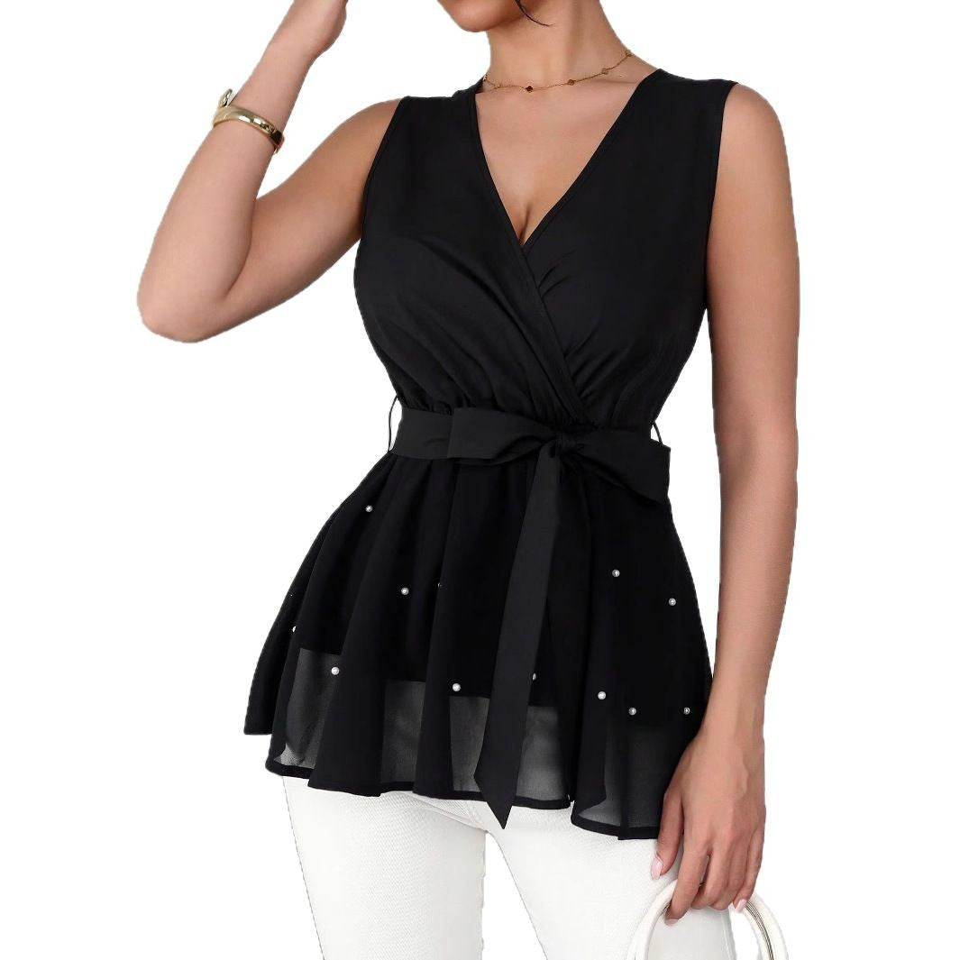 Damen Elegantes Wickeloberteil mit dekorativen Perlen R&B