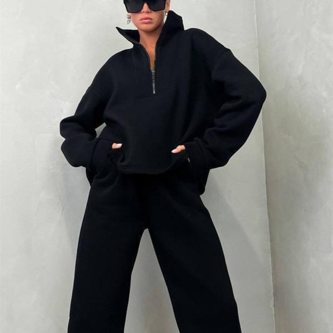 Damen sportlicher Fleece-Pullover und Jogginghose-Set mit hohem Kragen R&B