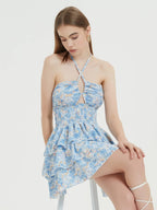 Damen Rüschenkleid mit trägerlosem Design und floralem Muster R&B