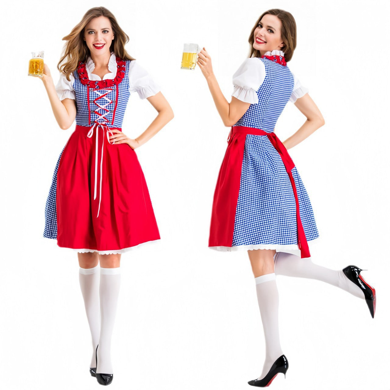 Damen Dirndlkleid mit traditionellen Karomustern und eleganter Schürze R&B