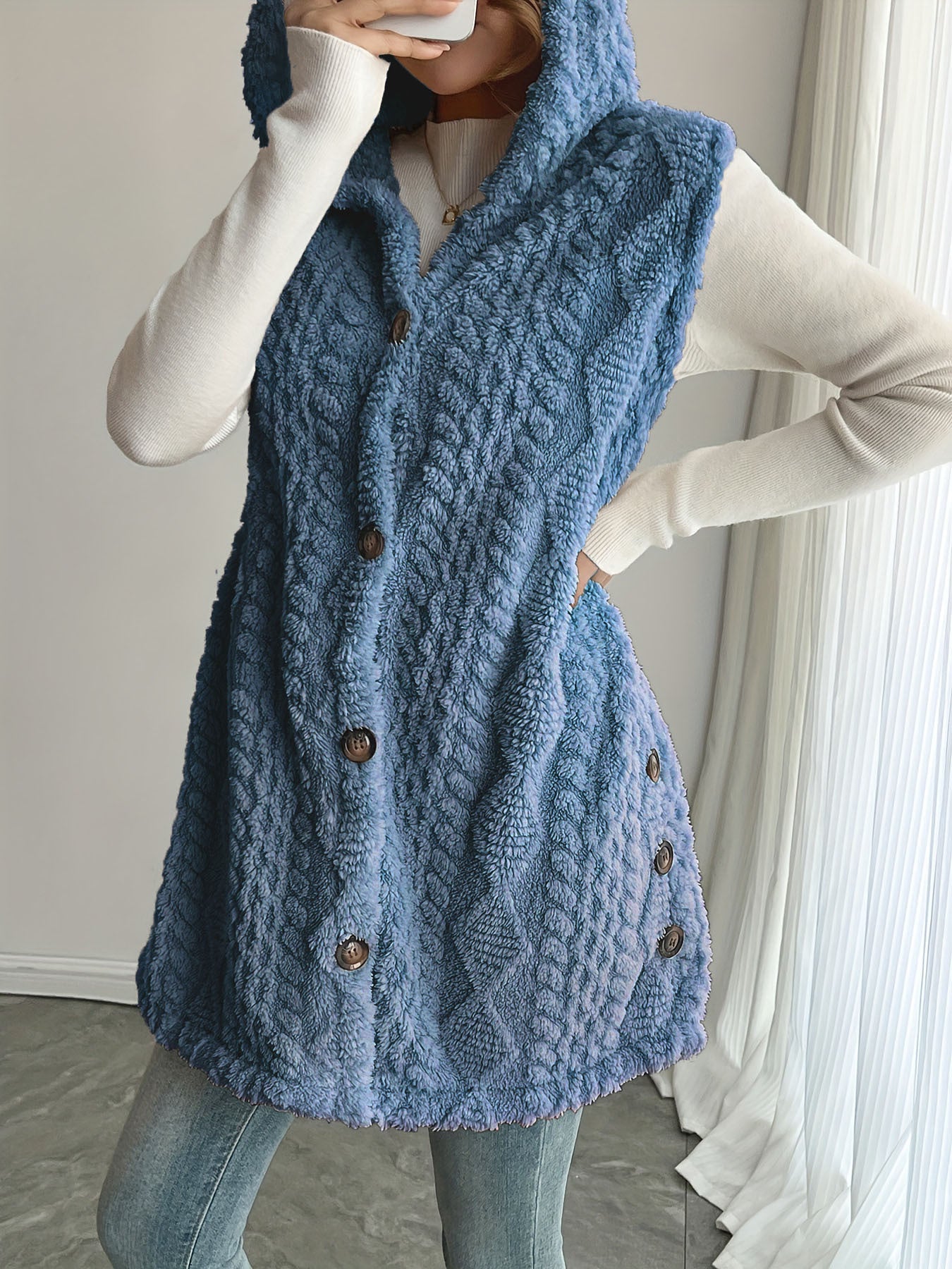 Damen Kuschelige Fleece-Weste mit Kapuze und Knopfverschluss R&B