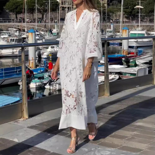 Damen nan luftiges Spitzen-Maxikleid mit floraler Ajourstickerei, lockerem Kimonoärmelschnitt und leichtem Unterkleid R&B