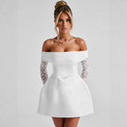 Damen Elegantes Off-Shoulder Minikleid mit Spitzenärmeln und tailliertem Schnitt R&B