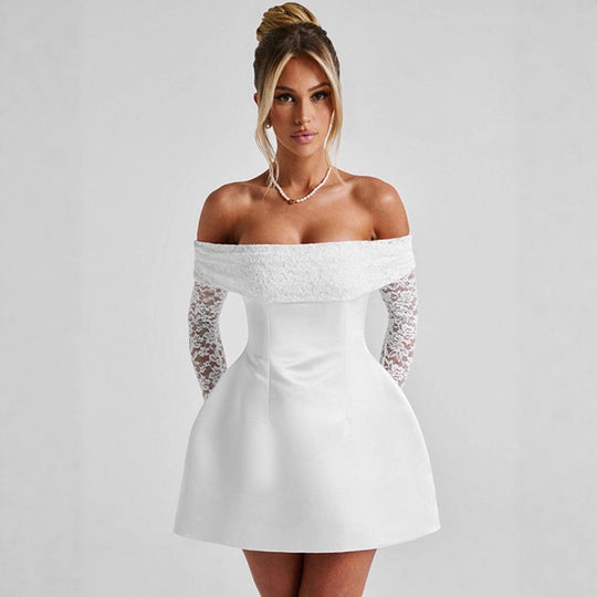 Damen Elegantes Off-Shoulder Minikleid mit Spitzenärmeln und tailliertem Schnitt R&B