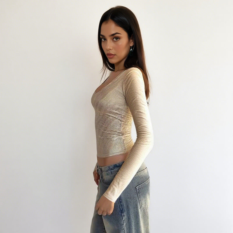 Damen schimmerndes Langarmshirt mit elegantem Rundhalsausschnitt und figurbetontem Schnitt R&B