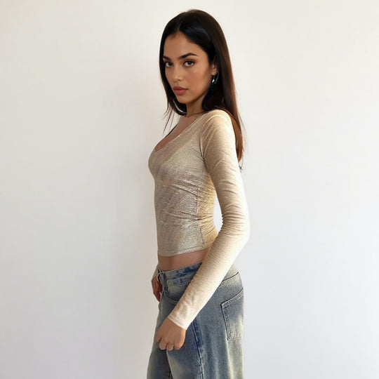 Damen schimmerndes Langarmshirt mit elegantem Rundhalsausschnitt und figurbetontem Schnitt R&B