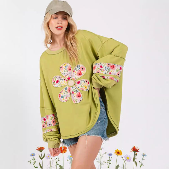 Damen lässiger Oversize-Pullover mit floralem Applikationsdesign R&B