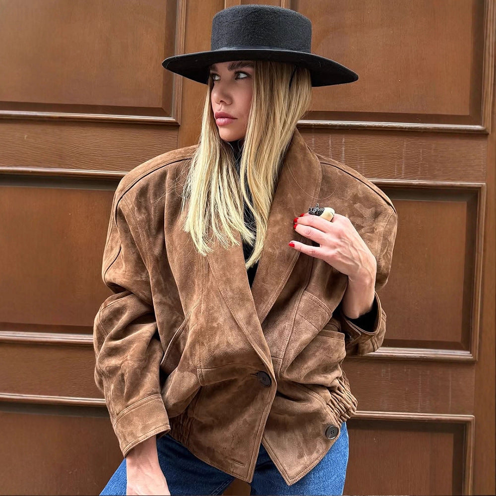 Damen Oversize Wildlederjacke mit modernem Schnitt und praktischen Taschen R&B