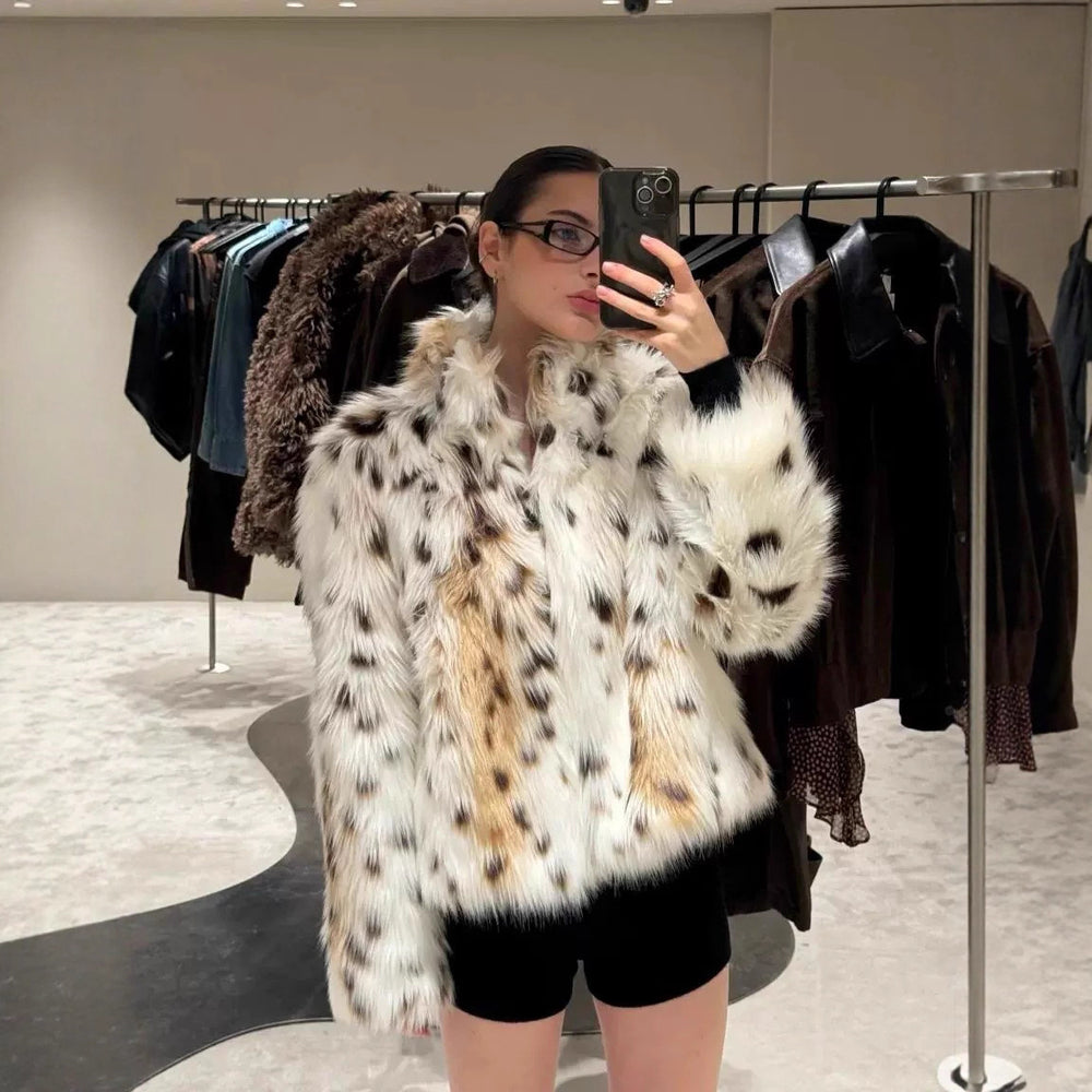 Damen Flauschige Leopardenmuster Kunstpelzjacke R&B