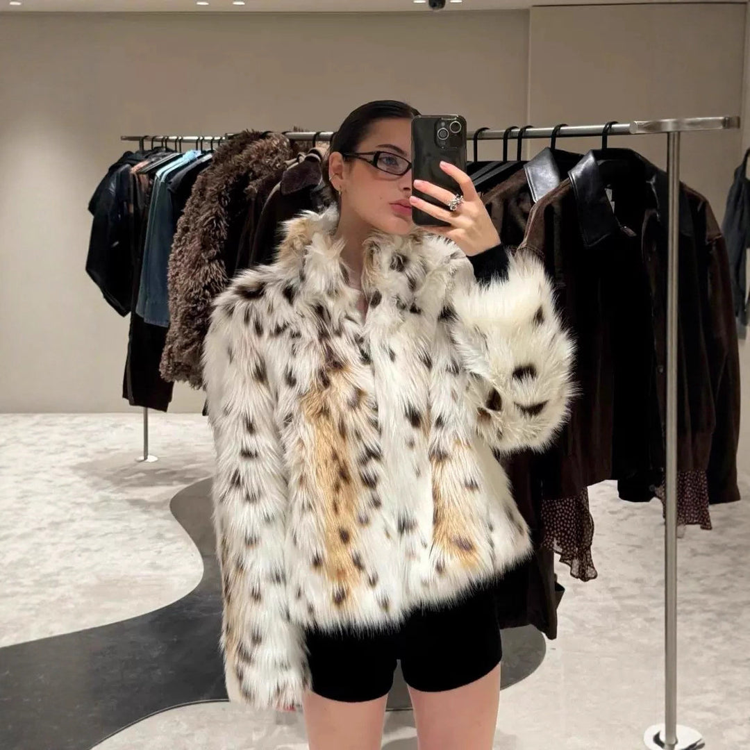 Damen Flauschige Leopardenmuster Kunstpelzjacke R&B