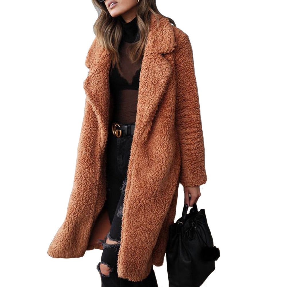 Damen kuscheliger Teddy-Mantel mit elegantem Revers und praktischen Taschen R&B