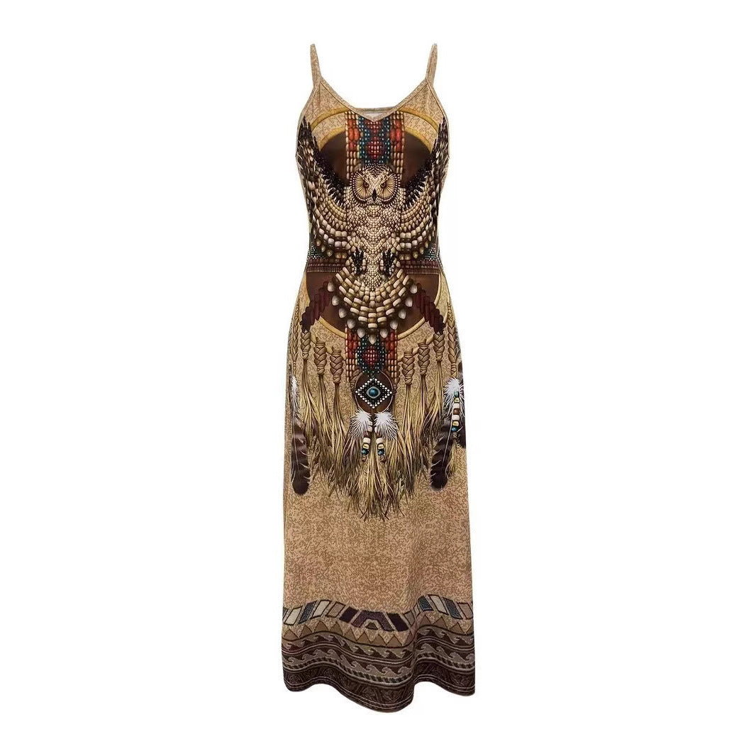 Damen Maxikleid mit künstlerischem tribal Design und fließendem Schnitt R&B