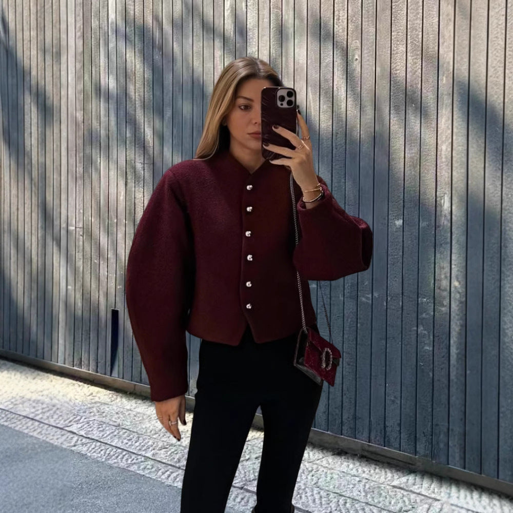Damen elegante Kurzjacke mit stilvollen Knöpfen und voluminösen Ärmeln R&B