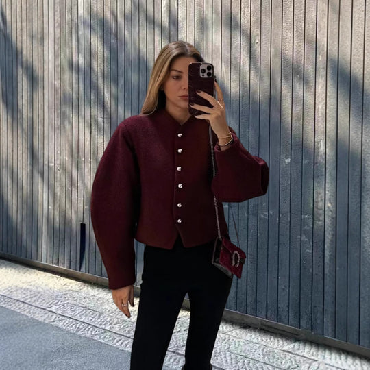Damen elegante Kurzjacke mit stilvollen Knöpfen und voluminösen Ärmeln R&B
