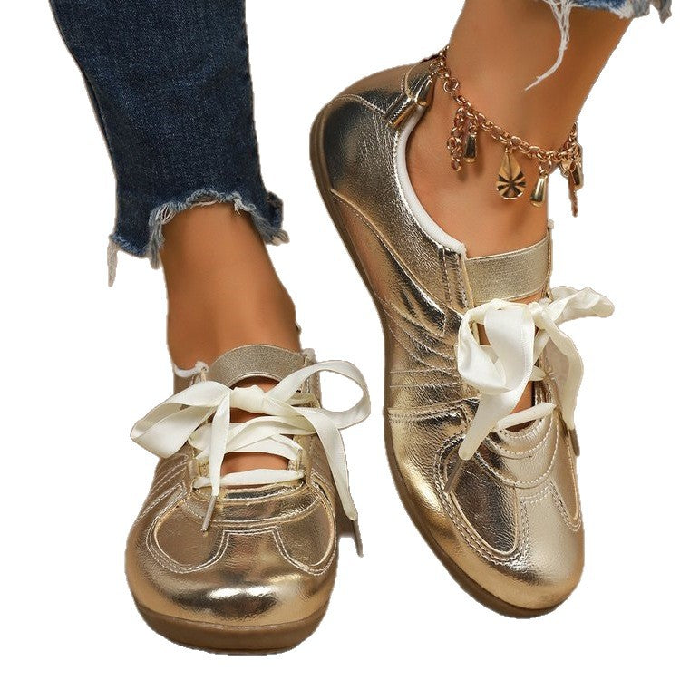 Damen modische Sneakers mit schimmernder Oberflächenstruktur und satinartigen Schnürsenkeln R&B