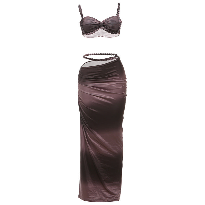 Damen Set mit crop Top und langem Rüschenrock R&B