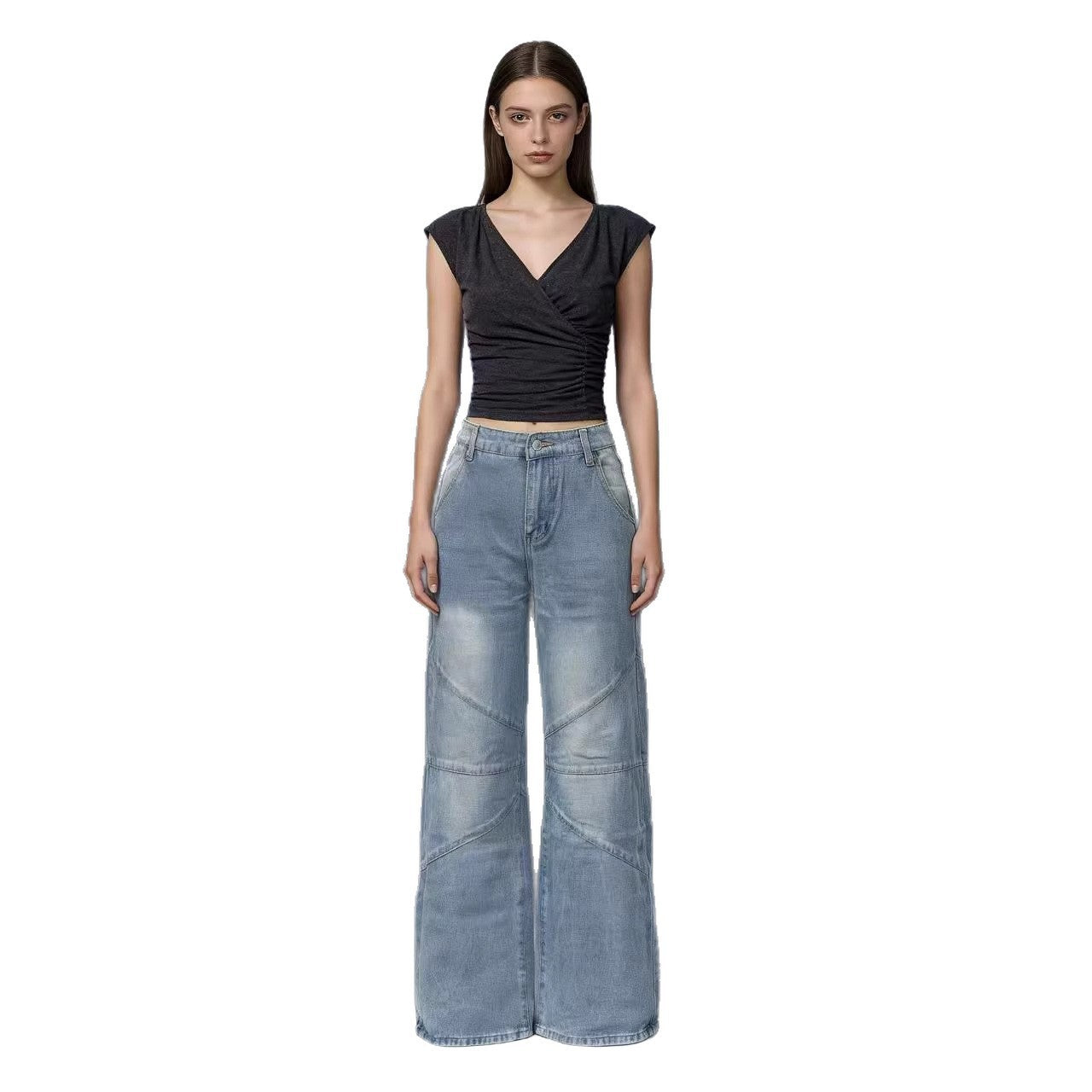 Damen Weite Denim-Hose mit asymmetrischen Nähten
