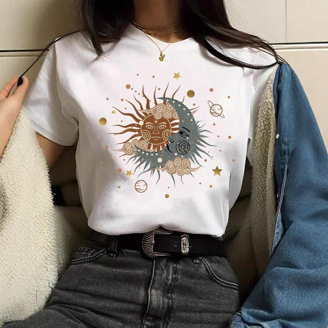 Damen T-Shirt mit kreativem Grafikdruck und luxuriösen Paillettenakzenten R&B