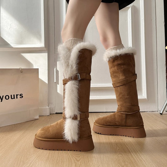 Damen kuschelige Winterstiefel mit weichem Kunstfellrand und modischen Schnallen R&B