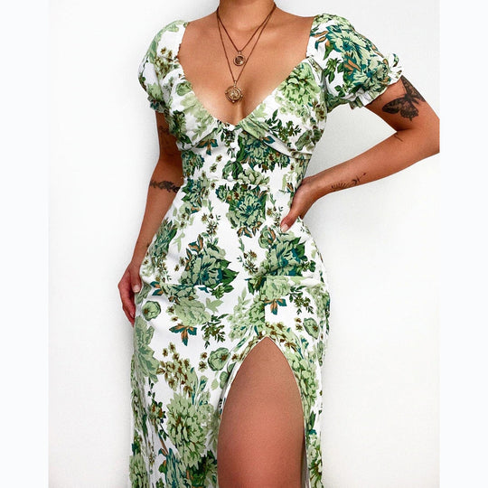 Damen Blütenmuster Maxikleid mit tiefem Ausschnitt und tailliertem Schnitt R&B