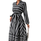 Damen Maxikleid mit modernem geometrischem Muster und schönem Taillengürtel R&B
