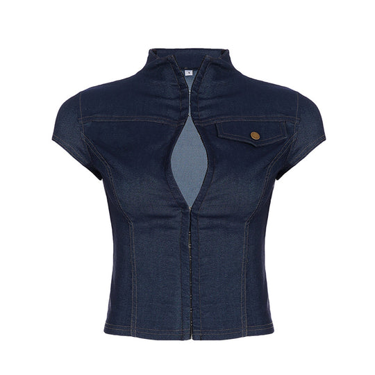 Damen Kurzarm Jeanshemd mit stilvollem Stehkragen und praktischen Taschen R&B