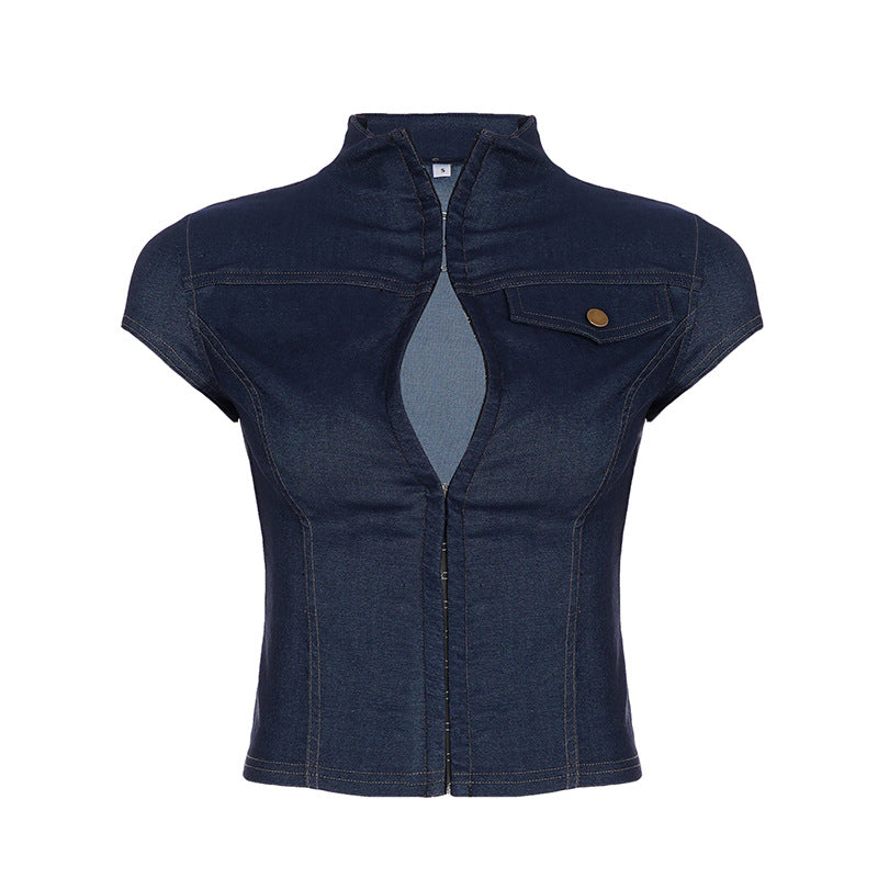 Damen modisches Kurzarm-Jeanshemd mit elegantem Kragen und Knopfdetails R&B