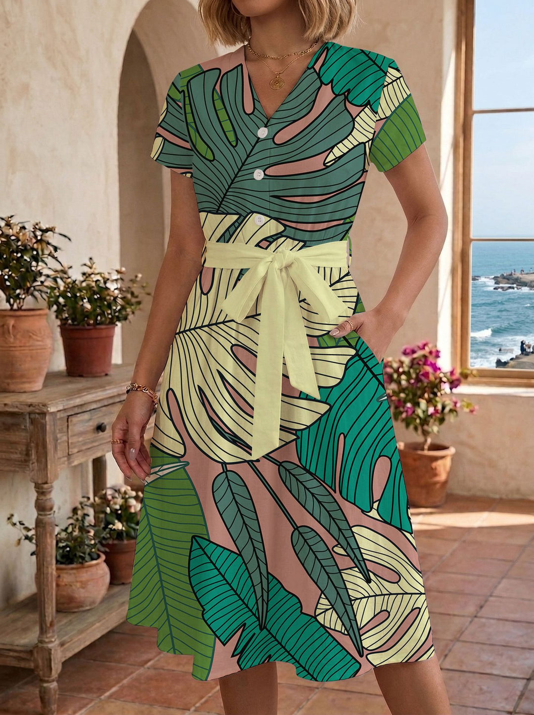Damen lässiges Maxikleid mit taillierbarem Knoten und dekorativem Karomuster R&B