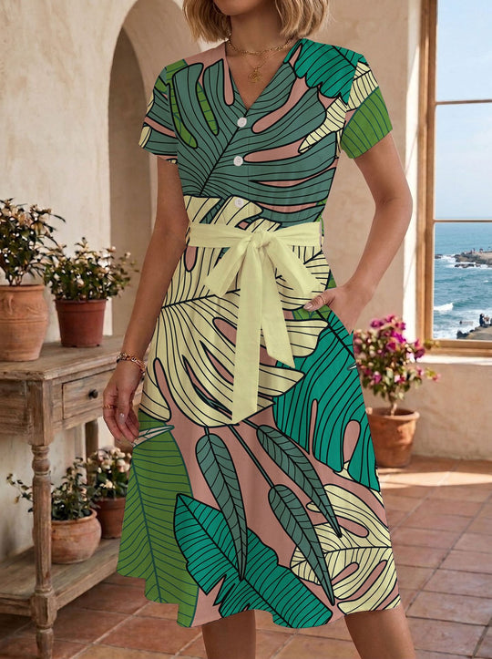 Damen lässiges Maxikleid mit taillierbarem Knoten und dekorativem Karomuster R&B