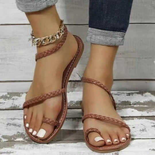 Damen flache Riemchensandalen mit geflochtenem Design und komfortablem Fußbett R&B