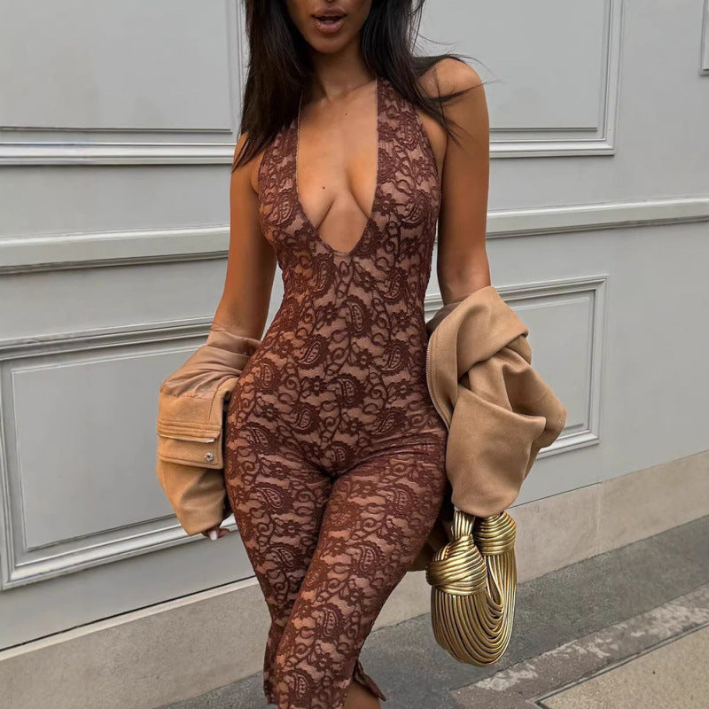 Damen Eleganter Spitzen-Jumpsuit mit tiefem V-Ausschnitt und figurbetonter Silhouette R&B
