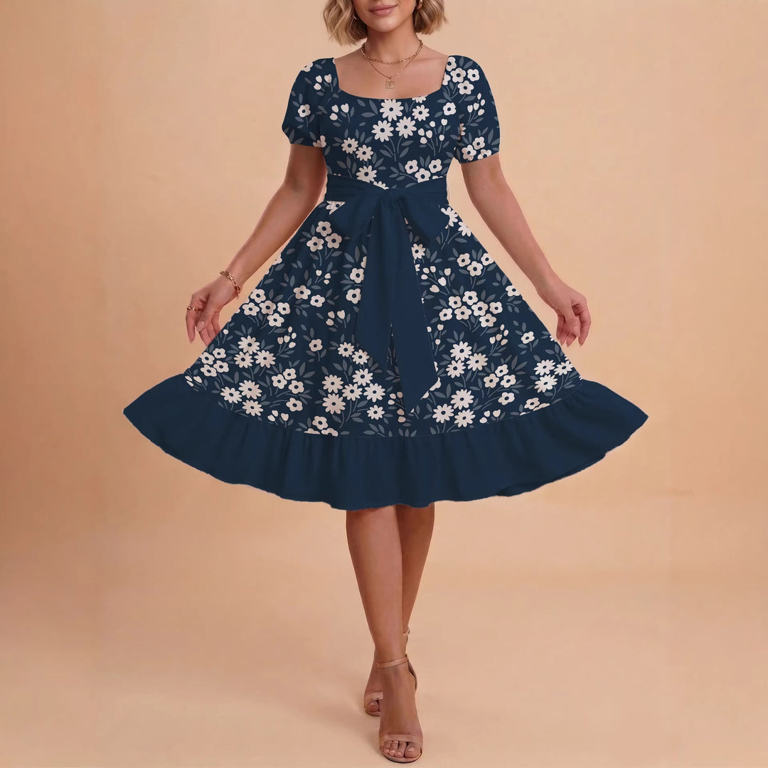Damen Blumenkleid mit taillierbarem Gürtel und voluminösen Ärmeln R&B