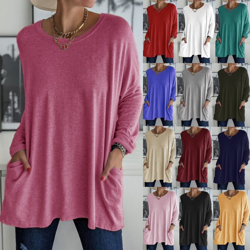 Damen nan oversized Longsleeve-Tunika mit Rundhalsausschnitt, überschnittener Schulter und aufgesetzten Taschen R&B