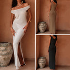 Damen Elegantes Maxikleid mit offenem Schulterdesign und hohem Schlitz EB