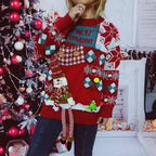 Damen festlicher Pullover mit winterlichem Schneemann-Motiv und dekorativen Details R&B