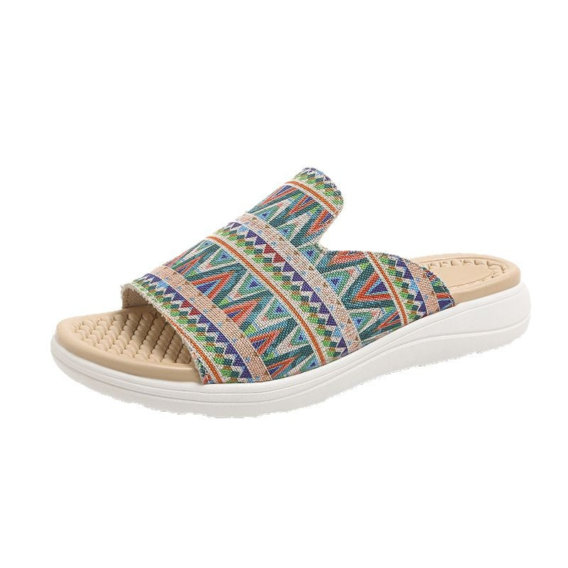 Damen Wedge-Pantoletten mit farbenfrohem Ethnomuster und rutschfester Sohle R&B
