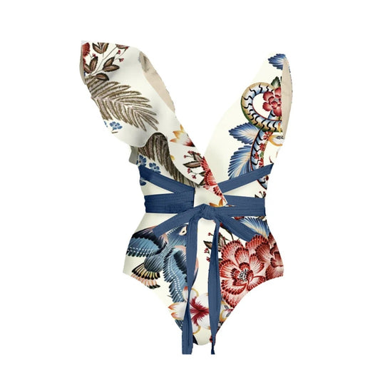 Damen Badeanzug-Set mit floralen Rüschen und taillierter Shorts R&B