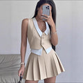 Damen schickes ärmelloses Blazer-Set mit Faltenrock R&B