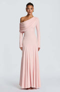 Damen Elegantes Langarm-Maxikleid mit asymmetrischem Drapierungsdetail EB