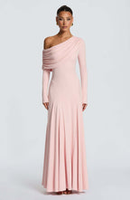 Damen Elegantes Langarm-Maxikleid mit asymmetrischem Drapierungsdetail EB